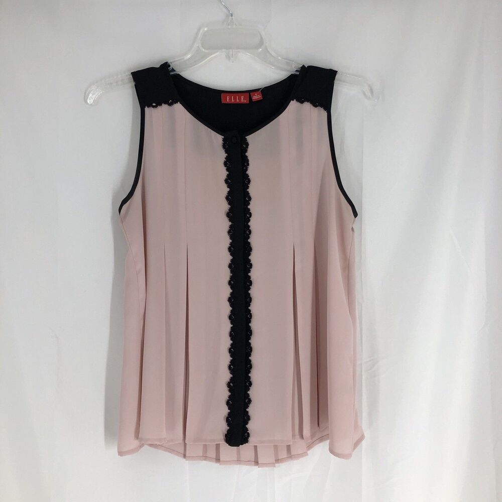 Elle Women's Sleeveless Blouse Blush With Black Lace Trim Size Small
